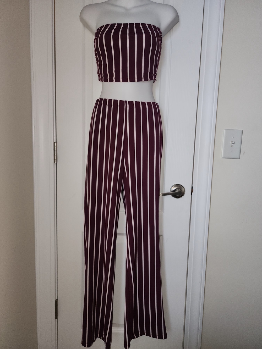 Striped Two-Piece Tube Top & Wide-Leg Pants Set - Burgundy/White